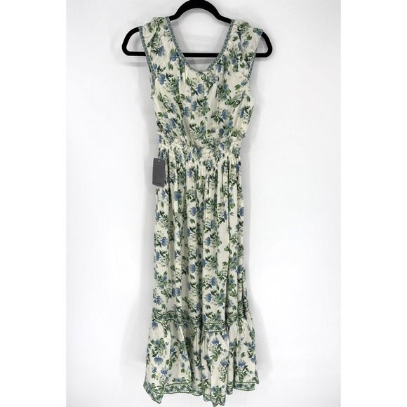 Max Studio Dress Womens Small‎ Blue Floral Smocked Waist Ruffle Hem Boho Midi - Picture 6 of 12